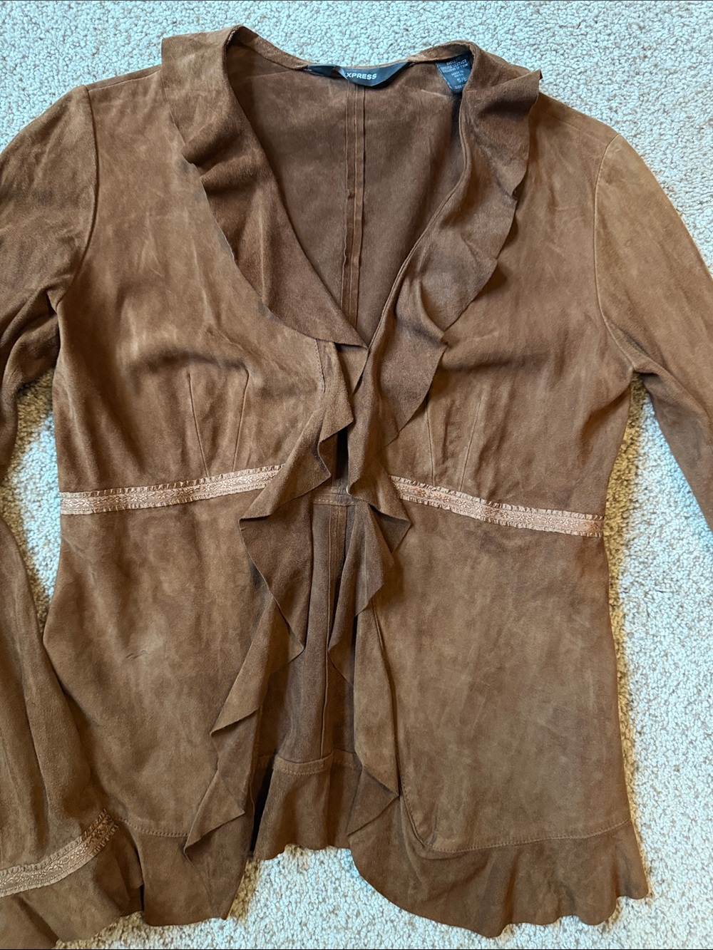 Express Brown Ruffle-Front Faux Suede Jacket - Picture 2 of 6